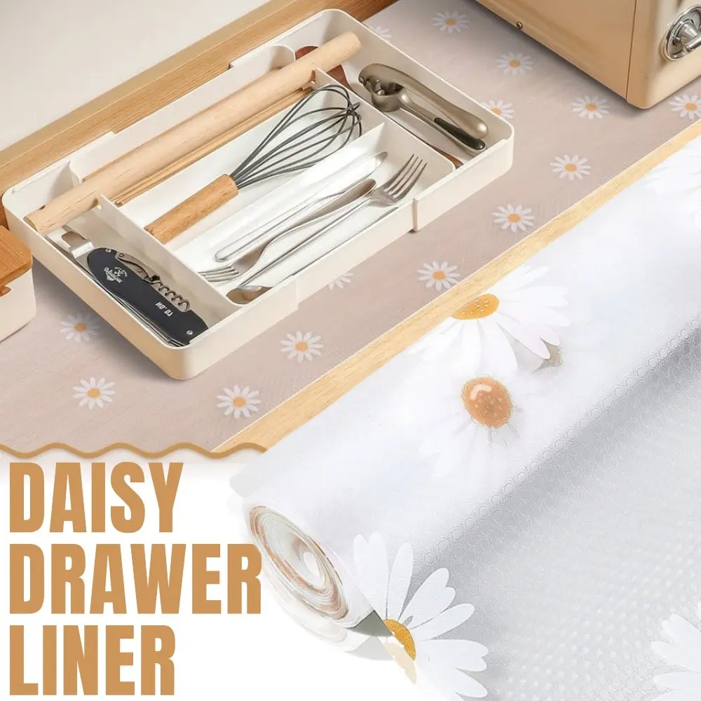 1 Roll Daisy Shelf Liner EVA Washable Refrigerator Mat Drawer Liners for Kitchen Cabinets Easy Meal Mat Non Adhesive Drawer Mat