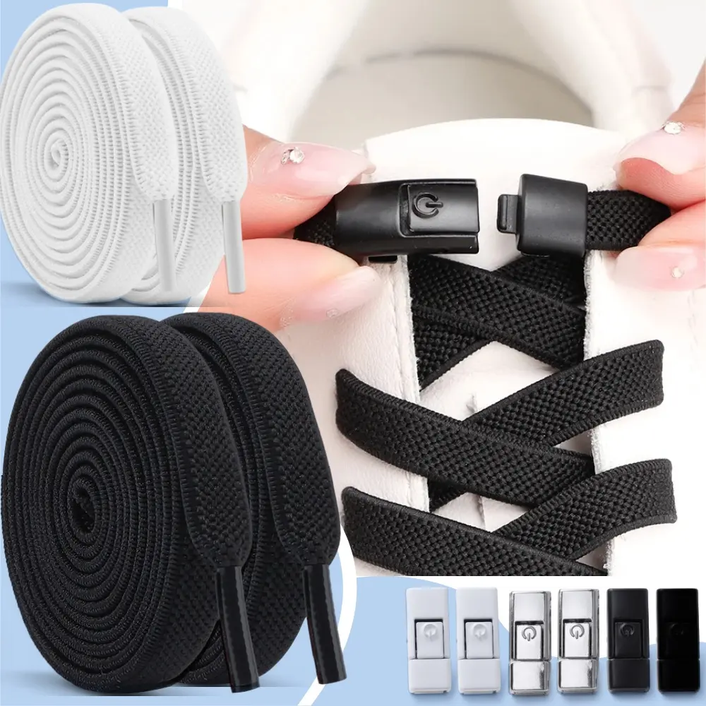 New No Tie Shoe Laces Press Lock 8MM Wide Flats Sports Running Shoe Elastic Shoe Laces Without Ties Lock for Kids Adult Shoes