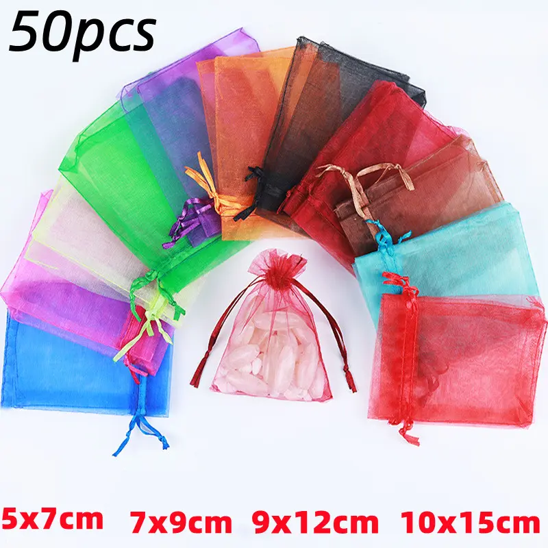 Wholesale 50pcs/lot Adjustable Organza Bag 5x7cm 7x9cm 9x12cm 10x15cm Drawstring Jewelry Packaging Candy Wedding Gifts Pouches