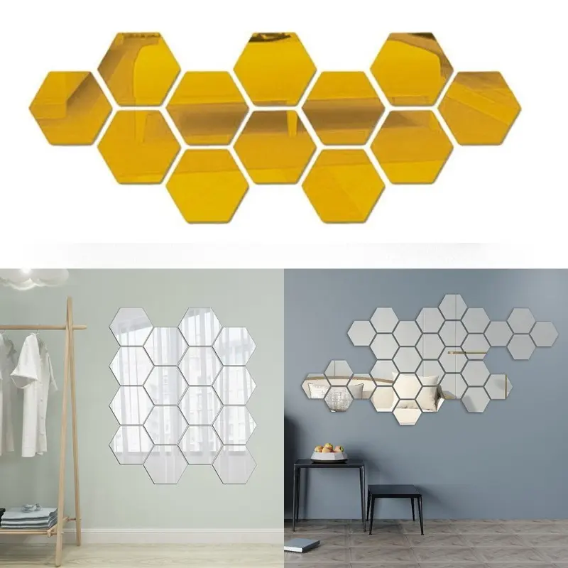 12pcs Mirror Wall Stickers DIY Hexagon Shape Acrylic Tiles Sticke Bedroom Living-Room Decal Home Decoration Art Mirror Ornaments