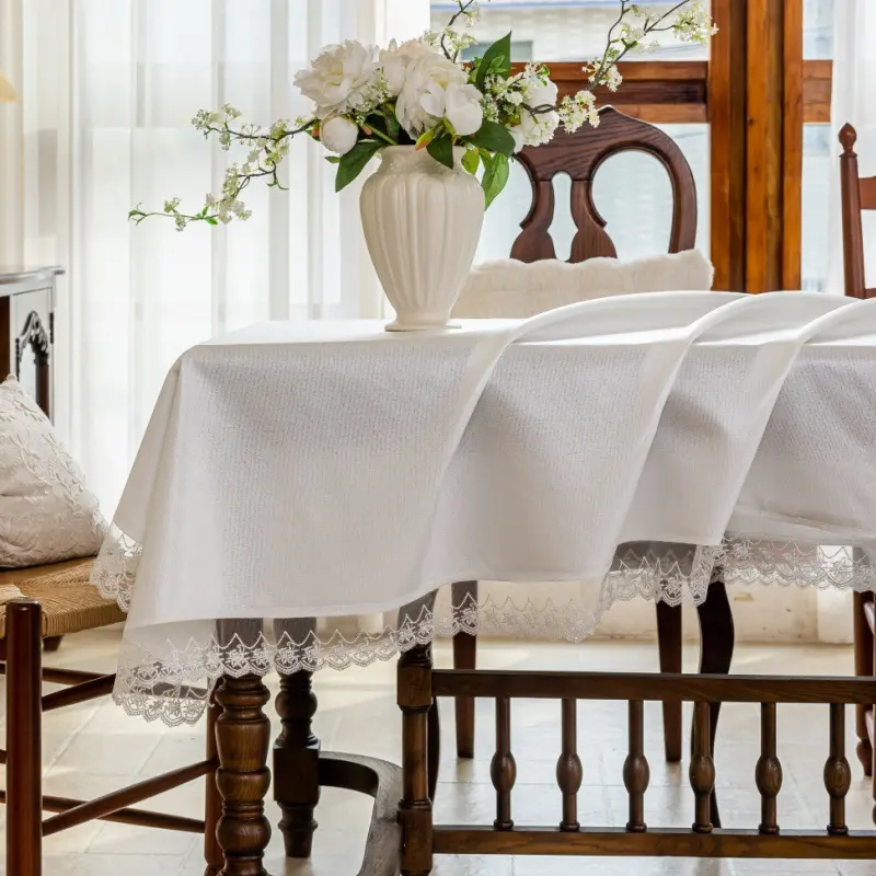 White Waterproof Oil Resistant Dirt Resistant Tablecloth with Lace Home Kitchen Decor Rectangular Polyester Table Cloth Cover