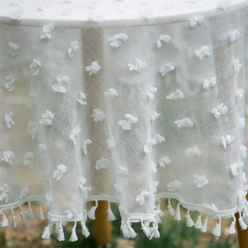 Round Tablecloth French Outdoor Wedding White Fluffy Ball Mesh with Tassels Table Cloth Party Valentine's Day Tablecloth Decor