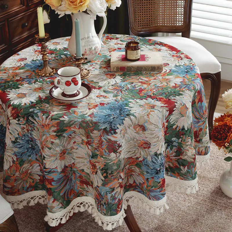 Round American Retro Jacquard Tablecloth Color Ink Painting Coffee Shop Decor Table Cloth Home Decoration Dining Table Cover