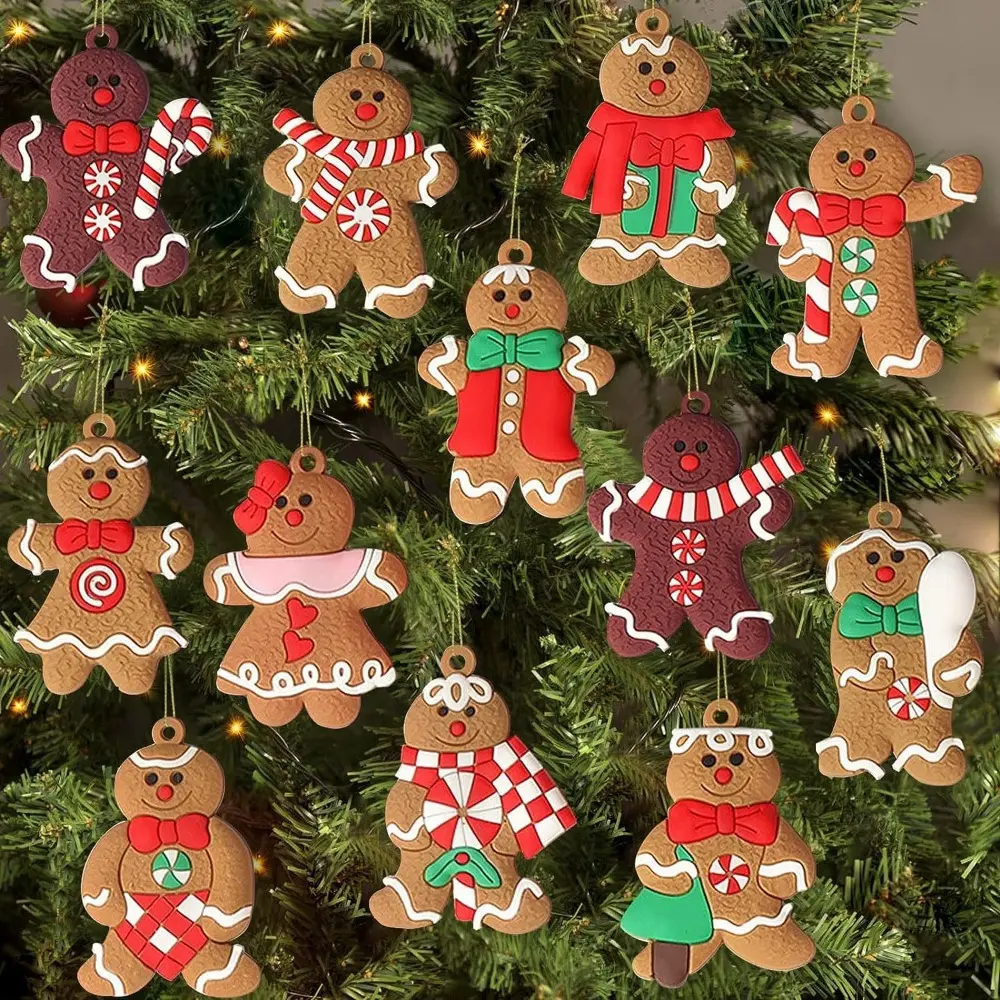 12pcs/Set Gingerbread Man Ornaments Assorted Plastic Gingerbread Figurines Ornaments for Xmas Christmas Tree Hanging Decorations