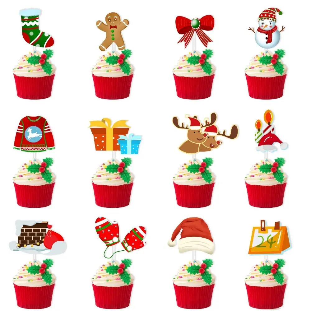 12pcs Christmas Cake Toppers Santa Claus Snowman Xmas Tree Cake Insert Cards Dessert Toppers Christmas Party Decoration Supplies