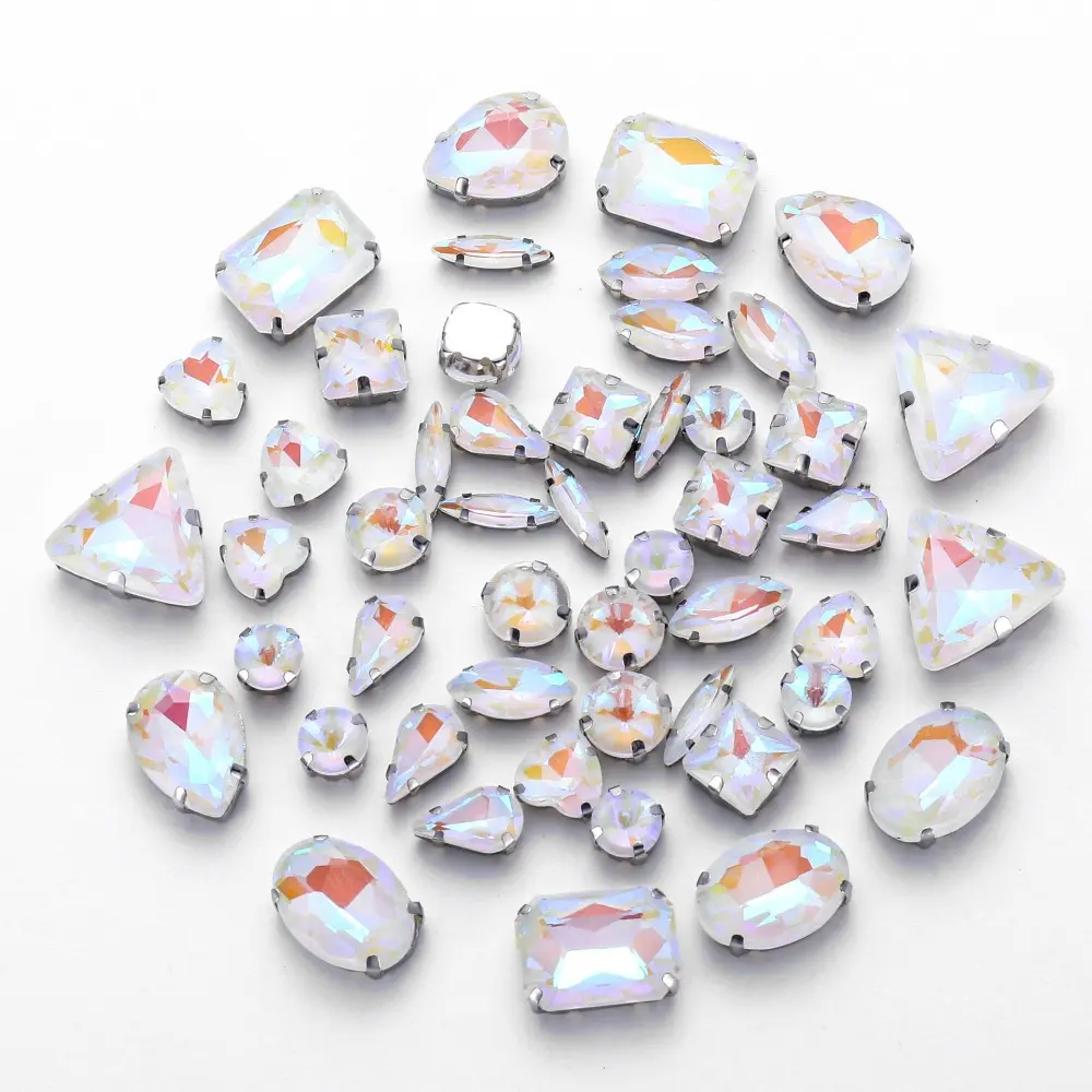 50pcs/Set Mix Shape Crystal Glass Beads Silver Claw Rhinestone Hand Sew On Diamond for Dress Bags Shoes Jewelry Making DIY Craft