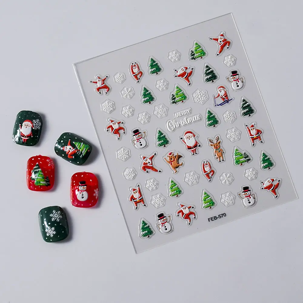 5D Embossed Christmas Nail Stickers Cartoon Snowflake Santa Claus Nail Sticker Self-Adhesive Decal for DIY Nail Art Decorations
