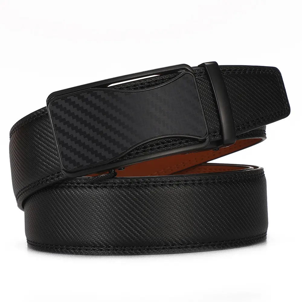 Men's Leather Belt Automatic Ratchet Buckle Slide Belt for Dress Casual 1 3/8'' Wide Trim To Fit, Gift for Him Dad Husband