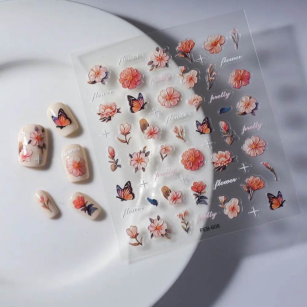 5D Flower Nail Art Stickers Embossed Cherry Blossom Floral Nail Self Adhesive Decal for Nail Art Design DIY Manicure Decorations