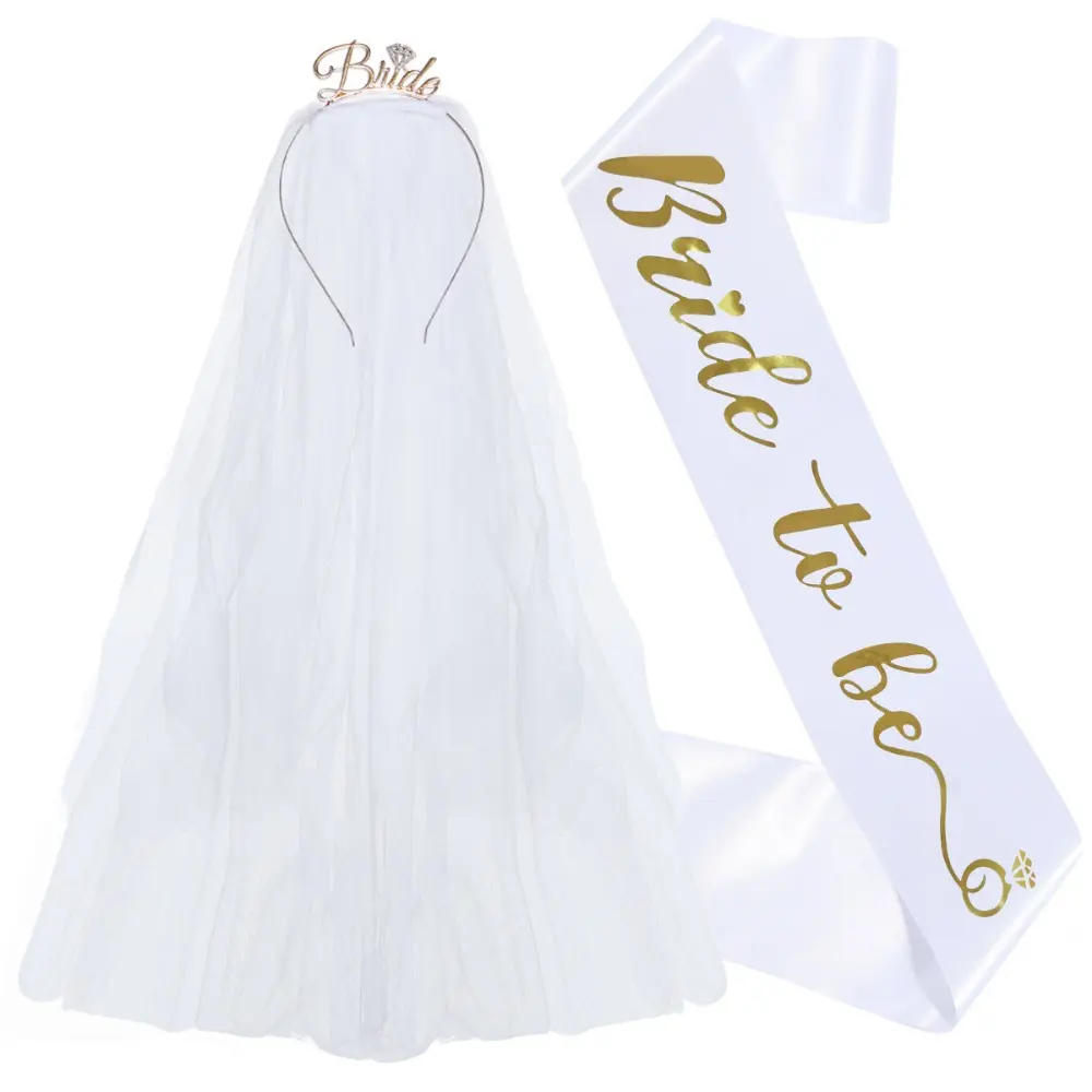 Set of 3pcs Bride To Be Sash Tiara Headband and Veil for Bridal Shower Wedding Hen Bachelorette Party Favor Decorations Supplies
