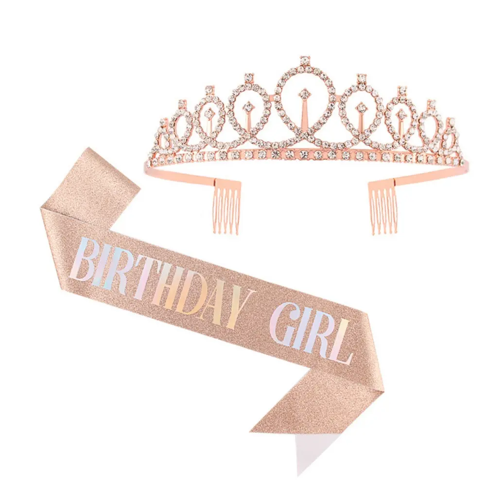 Rhinestone Birthday Girl Tiara Crown and Sash Glitter Birthday Girl Sash Gift for Girls Happy Birthday Party Decoration Supplies