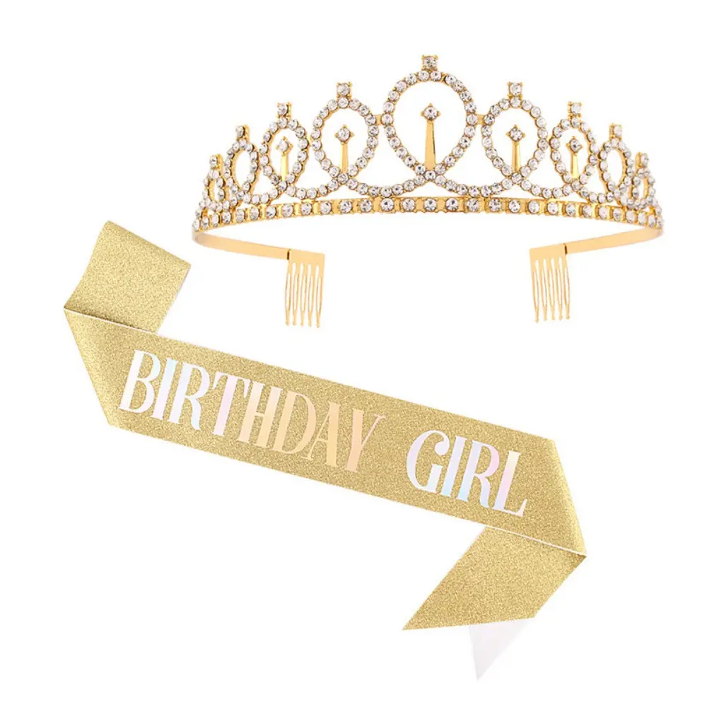 Rhinestone Birthday Girl Tiara Crown and Sash Glitter Birthday Girl Sash Gift for Girls Happy Birthday Party Decoration Supplies