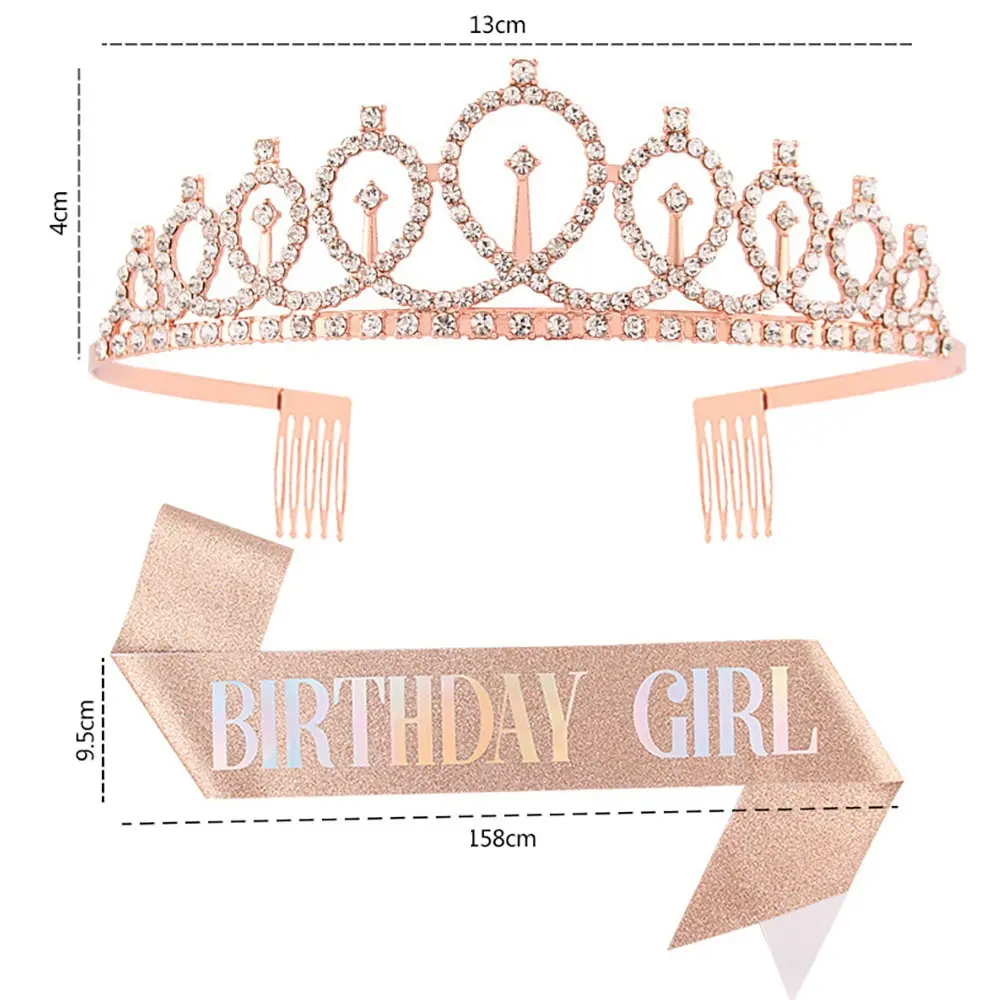 Rhinestone Birthday Girl Tiara Crown and Sash Glitter Birthday Girl Sash Gift for Girls Happy Birthday Party Decoration Supplies