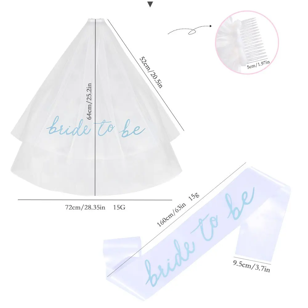 2pcs/Set Blue Bride To Be Satin Sash and Veil for Hen Bachelorette Wedding Engagement Bridal Shower Party Decorations Supplies