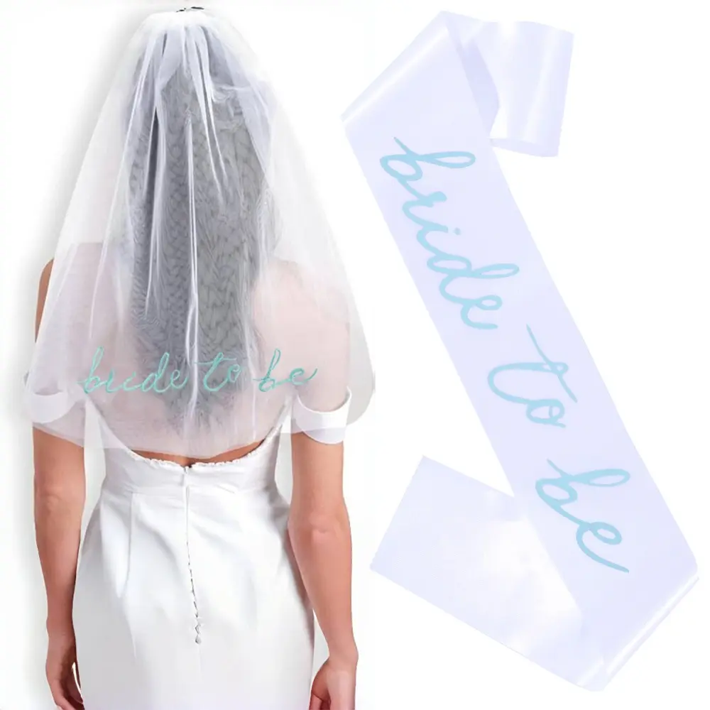 2pcs/Set Blue Bride To Be Satin Sash and Veil for Hen Bachelorette Wedding Engagement Bridal Shower Party Decorations Supplies