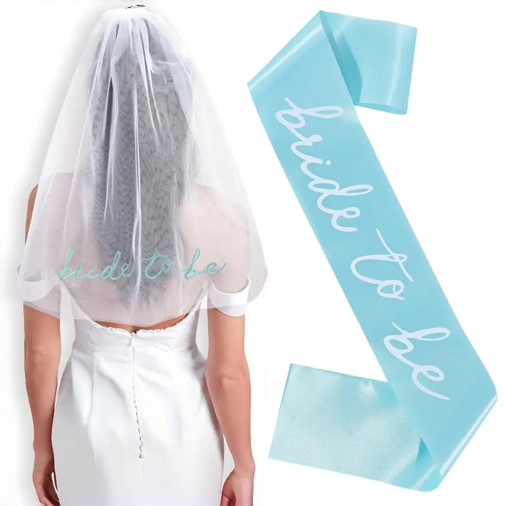 2pcs/Set Blue Bride To Be Satin Sash and Veil for Hen Bachelorette Wedding Engagement Bridal Shower Party Decorations Supplies