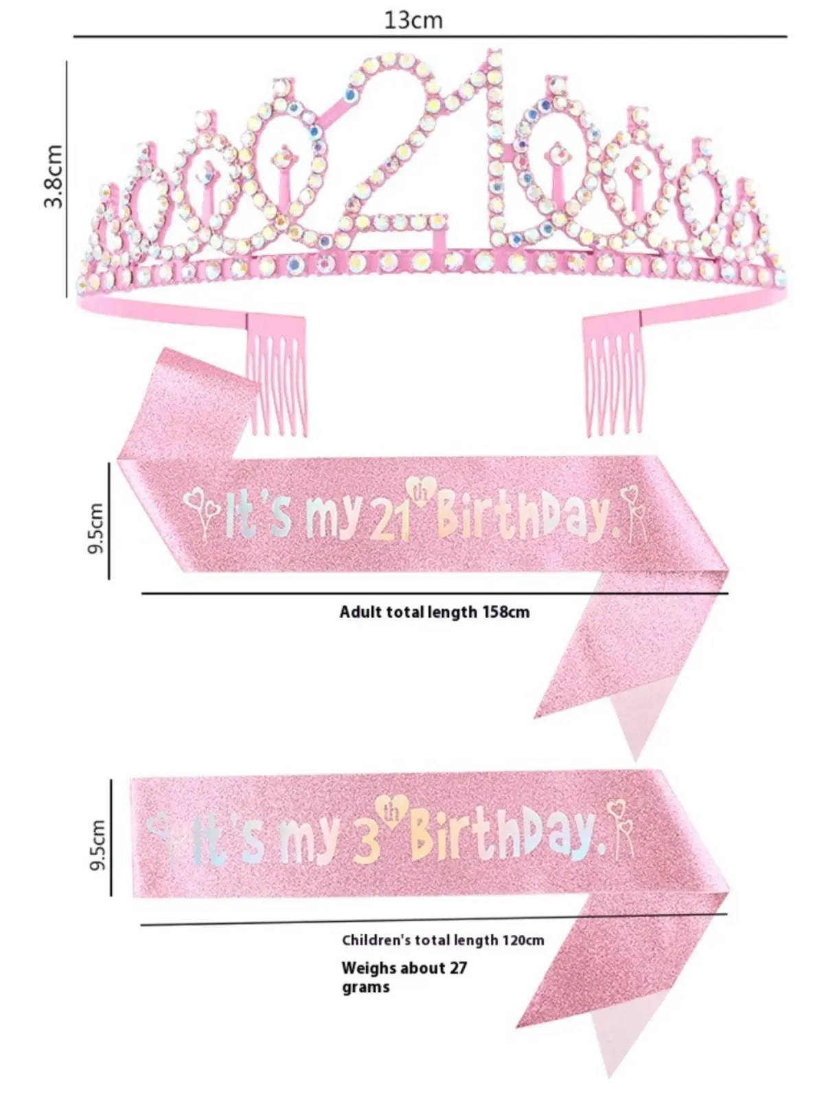 Rhinestone Birthday Tiara Crown Sash Set for Women Girls Sweet 13th 16th 18th 21st 30th 40th 50th 60th 70th Birthday Party Decor
