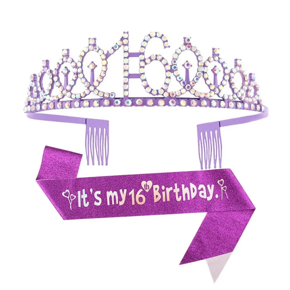 Rhinestone Birthday Tiara Crown Sash Set for Women Girls Sweet 13th 16th 18th 21st 30th 40th 50th 60th 70th Birthday Party Decor