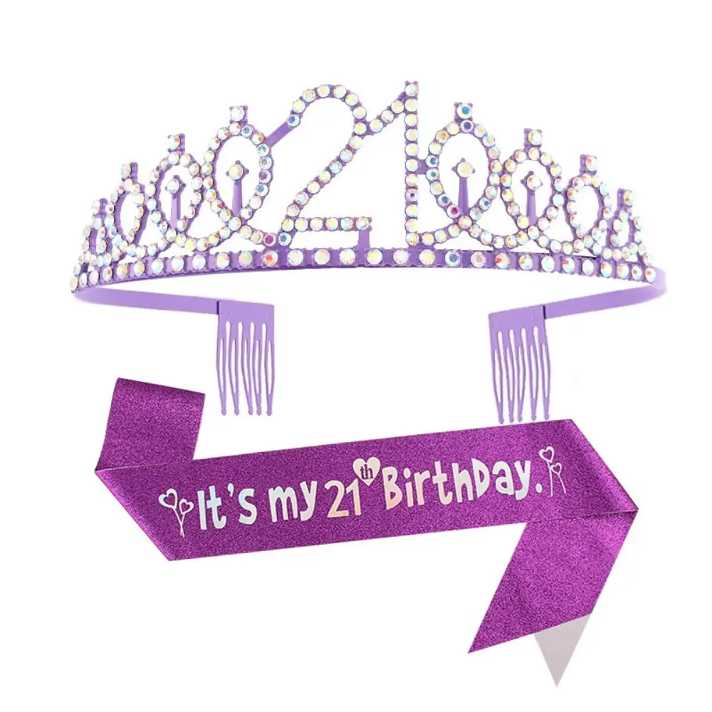 Rhinestone Birthday Tiara Crown Sash Set for Women Girls Sweet 13th 16th 18th 21st 30th 40th 50th 60th 70th Birthday Party Decor