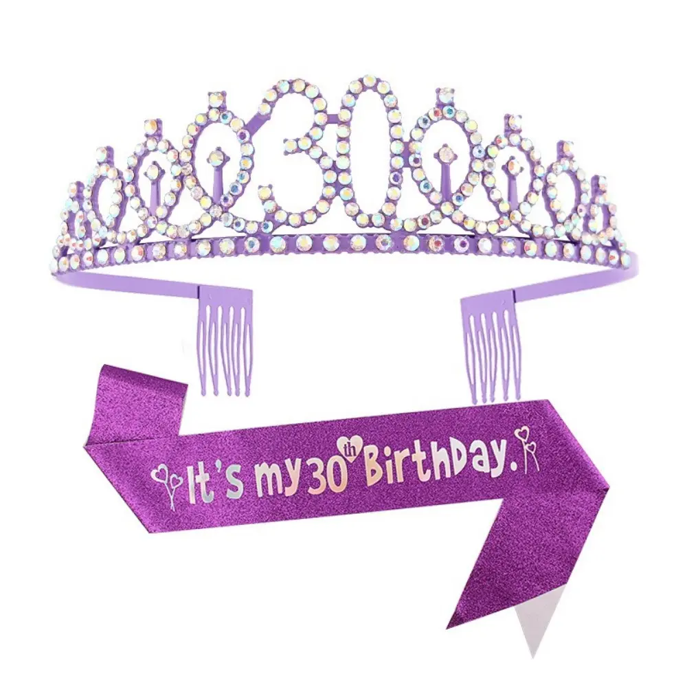 Rhinestone Birthday Tiara Crown Sash Set for Women Girls Sweet 13th 16th 18th 21st 30th 40th 50th 60th 70th Birthday Party Decor