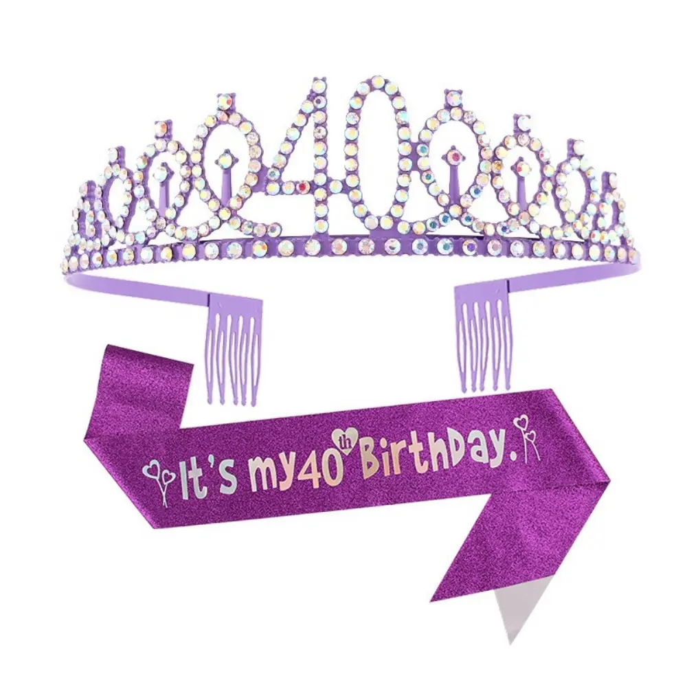 Rhinestone Birthday Tiara Crown Sash Set for Women Girls Sweet 13th 16th 18th 21st 30th 40th 50th 60th 70th Birthday Party Decor