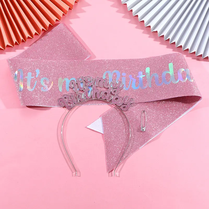 It's My Birthday Tiara and Sash Rose Glitter Satin Sash and Headband for Girls Women Happy Birthday Party Decorations Supplies