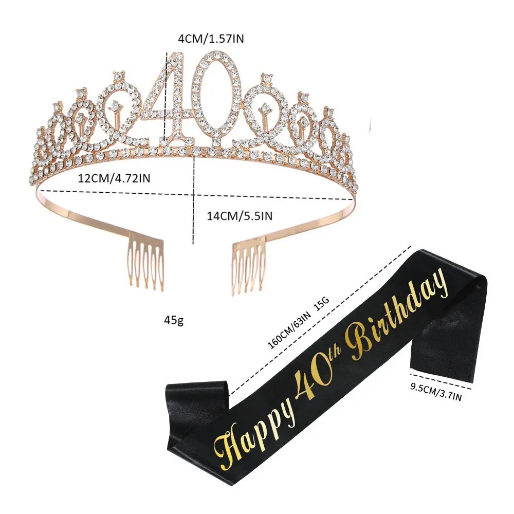 Black Gold Happy 16 18 21 30 40 50 Birthday Sash and Rhinestone Tiara Crown for Girls Women Birthday Party Decorations Supplies