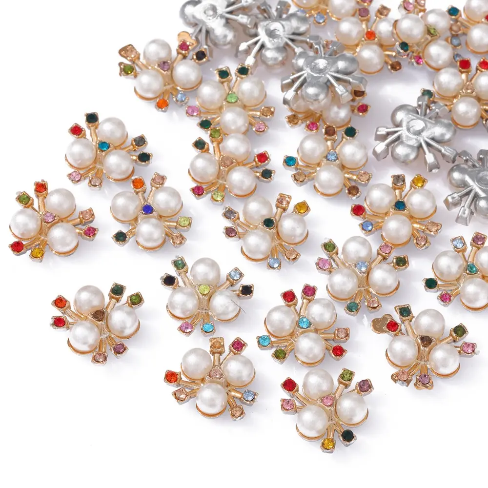 50Pcs/Set Colorful Pearl Flower Rhinestone Buttons Sparkling Flower Crystal Hairpins for Clothes Sewing Accessories DIY Crafts