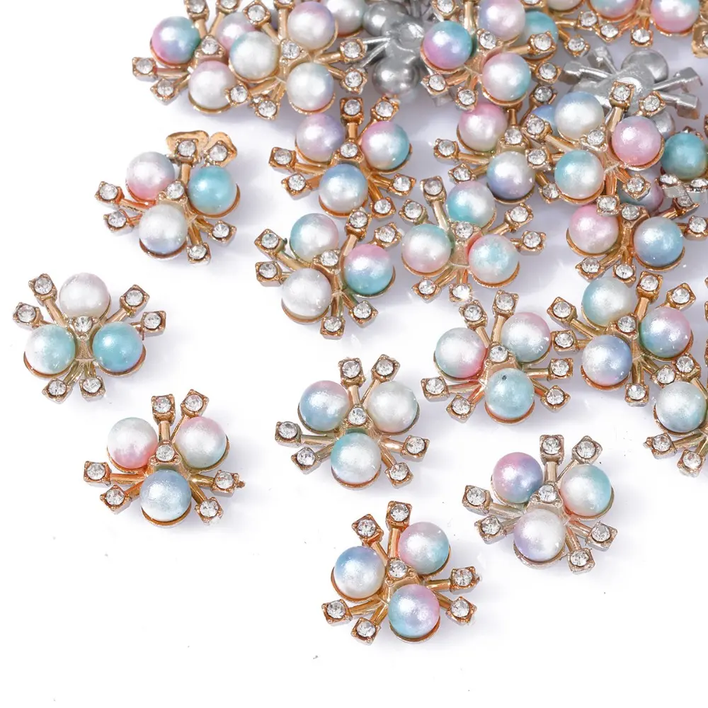 50Pcs/Set Colorful Pearl Flower Rhinestone Buttons Sparkling Flower Crystal Hairpins for Clothes Sewing Accessories DIY Crafts