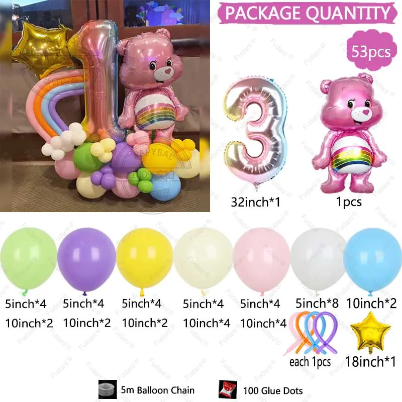 53pcs Cute Carebears Theme Pink Yellow Purple Latex Balloon Arch Set with 32inch Birthday Printed Balloons Girl First Birthday