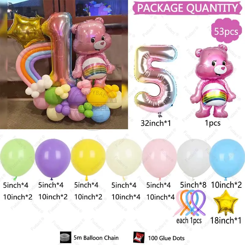 53pcs Cute Carebears Theme Pink Yellow Purple Latex Balloon Arch Set with 32inch Birthday Printed Balloons Girl First Birthday