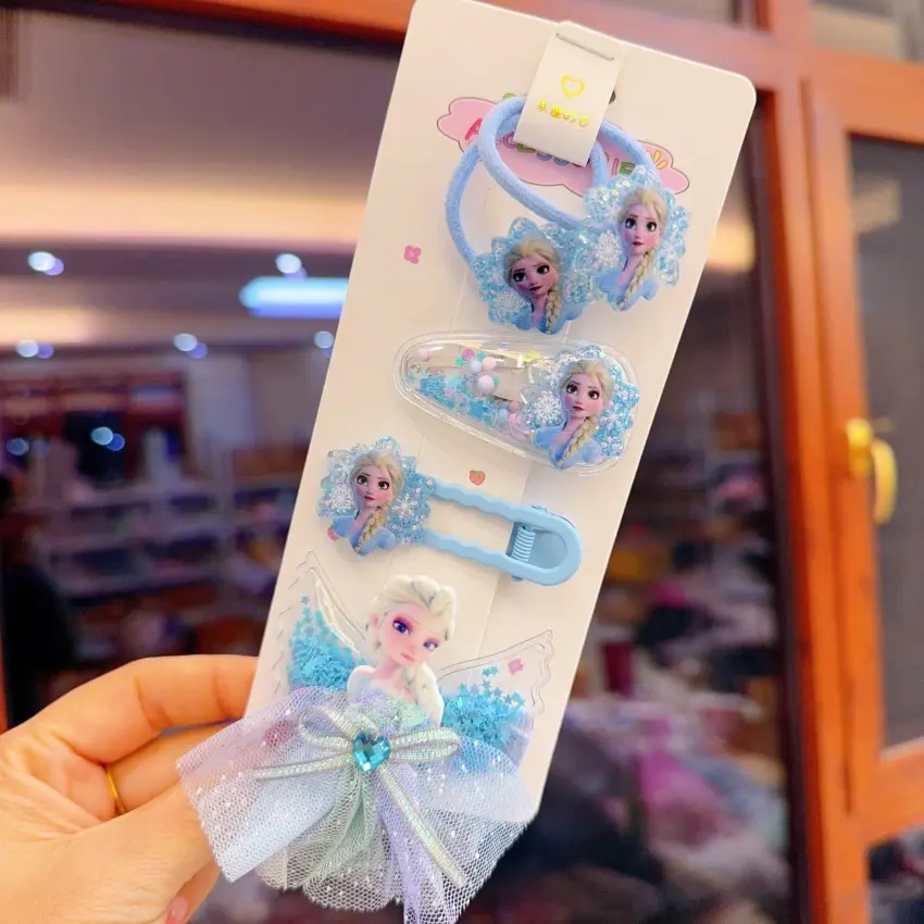 Frozen New Children's Hair Clip Cute Cartoon Hair Clip Bow Princess Elsa Same Style BB Compression Clip Hair Clip 4-piece Set