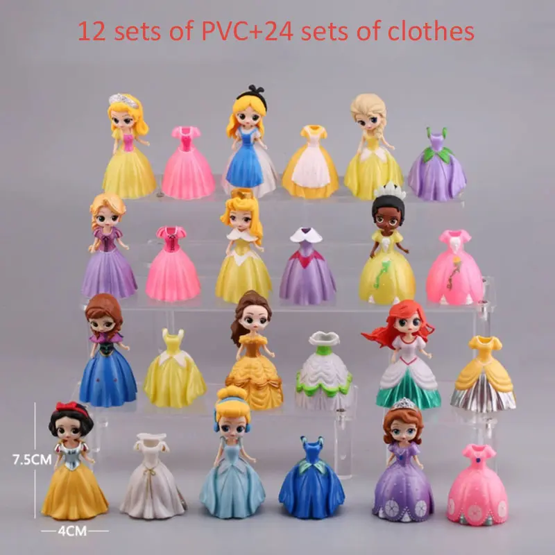 Hot 24pcs Disney Princess Figure Toys Mermaid Alice Snow White Belle Cinderella Tangled Ariel Dress Changeable Action Figure Toy