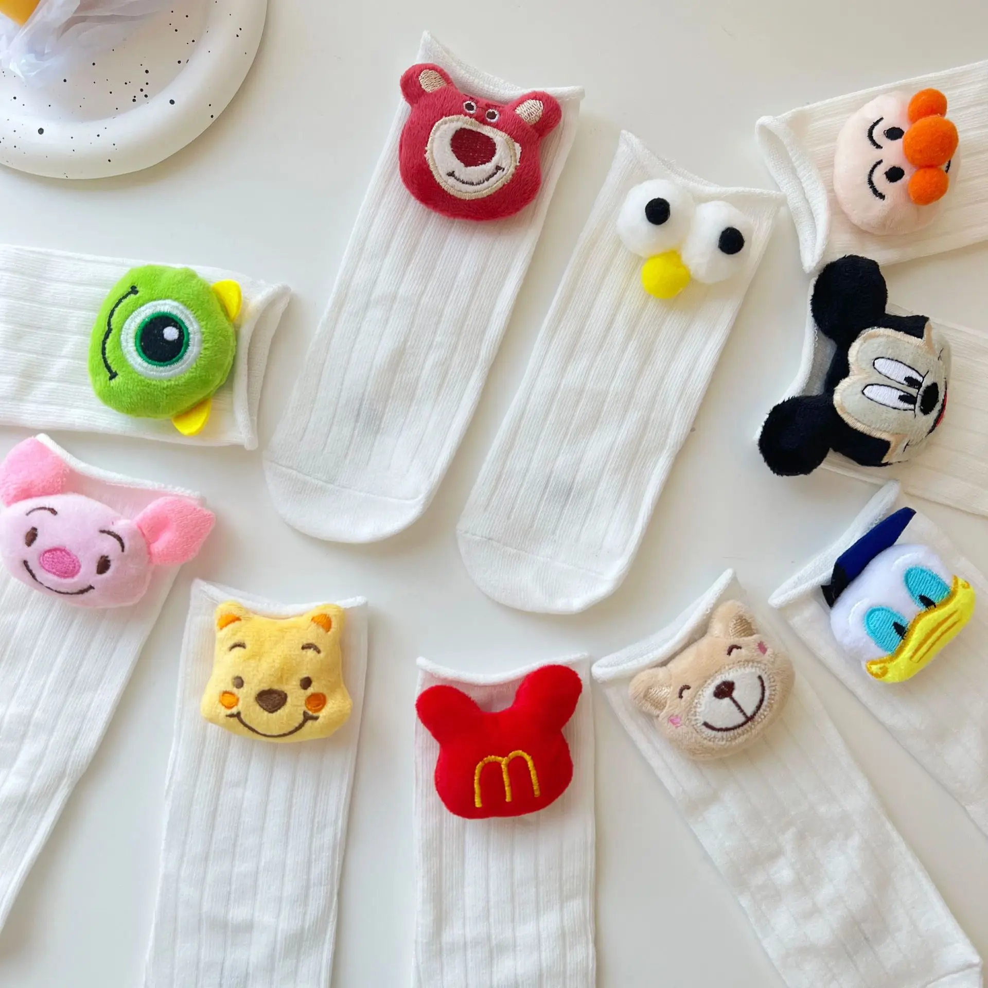 2024 New Children's Socks White Cartoon Doll Socks Disney Winnie Cute Baby Girls Boys Tude Socks Kids Accessory Socks 0-3 Age