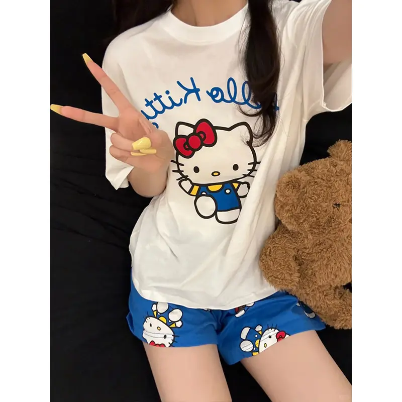 Kawaii Hello Kitty Short Sleeved Set for Girls Summer Casual Shorts Pajama Cartoon Anime Accessories Pattern Home Clothing Set