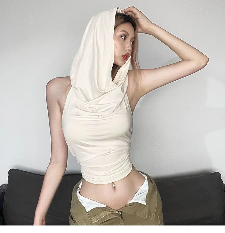 Y2k Doomsday Wasteland Lazy personality hooded Tank top for Female Summer 2025 new niche everything fit slimming crop top emo