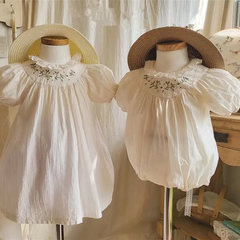Sister Matching Outfit Baby Girls Clothes Short Sleeve Doll Collar Flower Embroidery Girl Dress and Baby Romper Princess Dresses