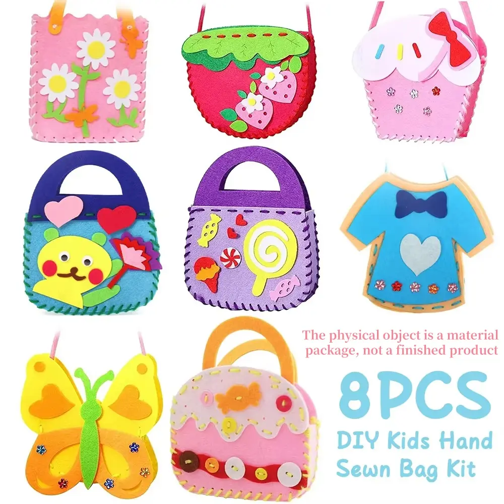 8Pcs Colorful Nonwovens Handbags Sewing Kit DIY Felt Sewing Kits Craft Felt with Safety Needle for Boys Girls Beginners