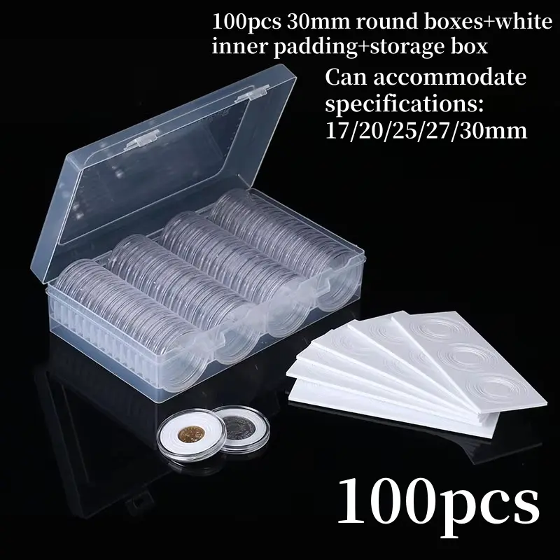 100pcs Clear Commemorative Coinning Storage Box Storage Protection Coinning Suitable Transparent Portable Round Storage Box