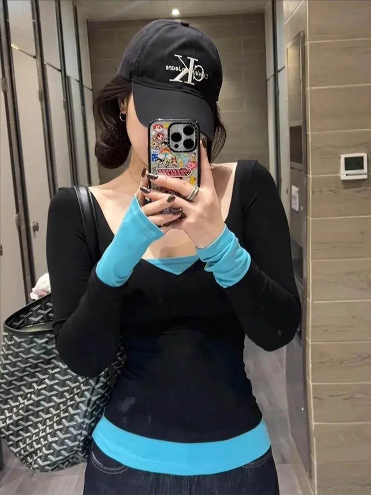 American Hot Girl Slim T-shirt Women's Spring And Autumn Y-neck Color Contrast Pure Sexy Fake Two-piece Top Female Clothes