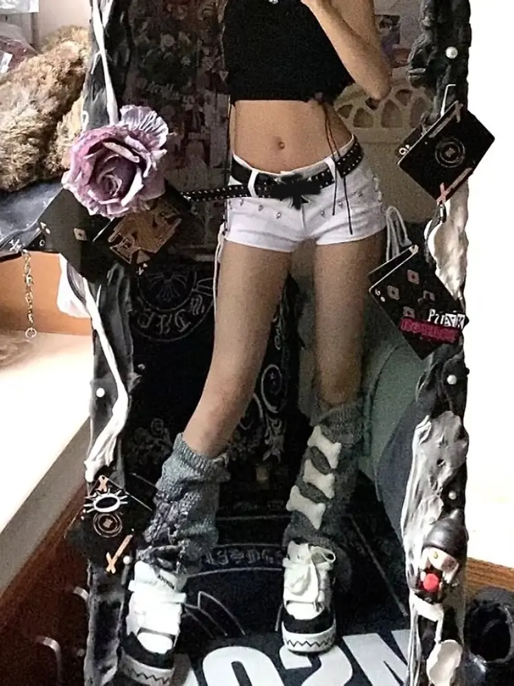 Gothic Y2k Lace Up Low Rise Denim Shorts Women 2000s Fashion Grunge Sexy Hot Pants Streetwear Harajuku American Retro Shorts