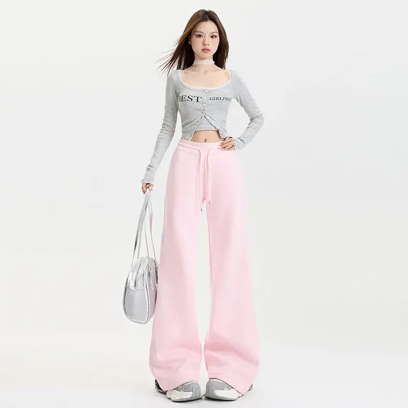 Pink Bell Bottom Casual Pants Women's Spring 2025 New Small Size High Waist Slimming Sports Sweatpants