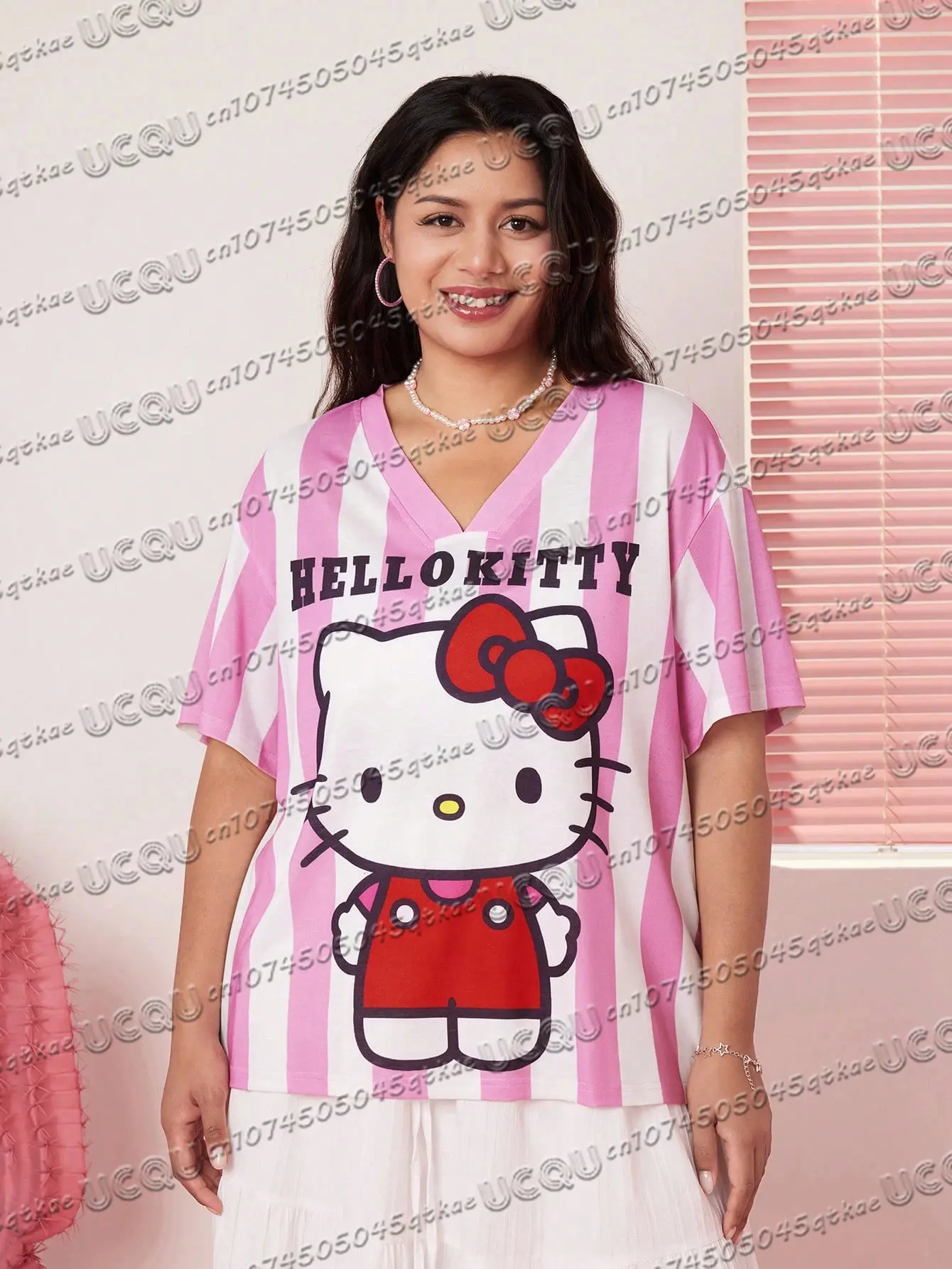 Summer Pink Striped Hello Kitty Printed Football Shirt T-Shirt Cute Sweet Girl Style Tee Fashion Streetwear Casual Women'S Top