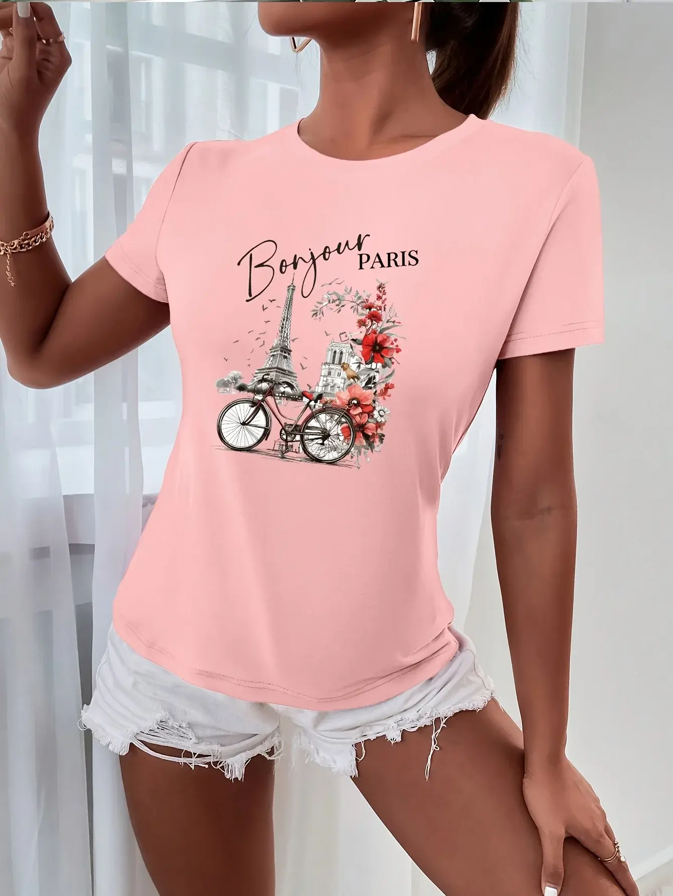 Women'S Bonjour Paris Graphic Tee Casual Crew Neck Short Sleeve T-Shirt with Eiffel Tower Vintage Bicycle Design Floral Accents
