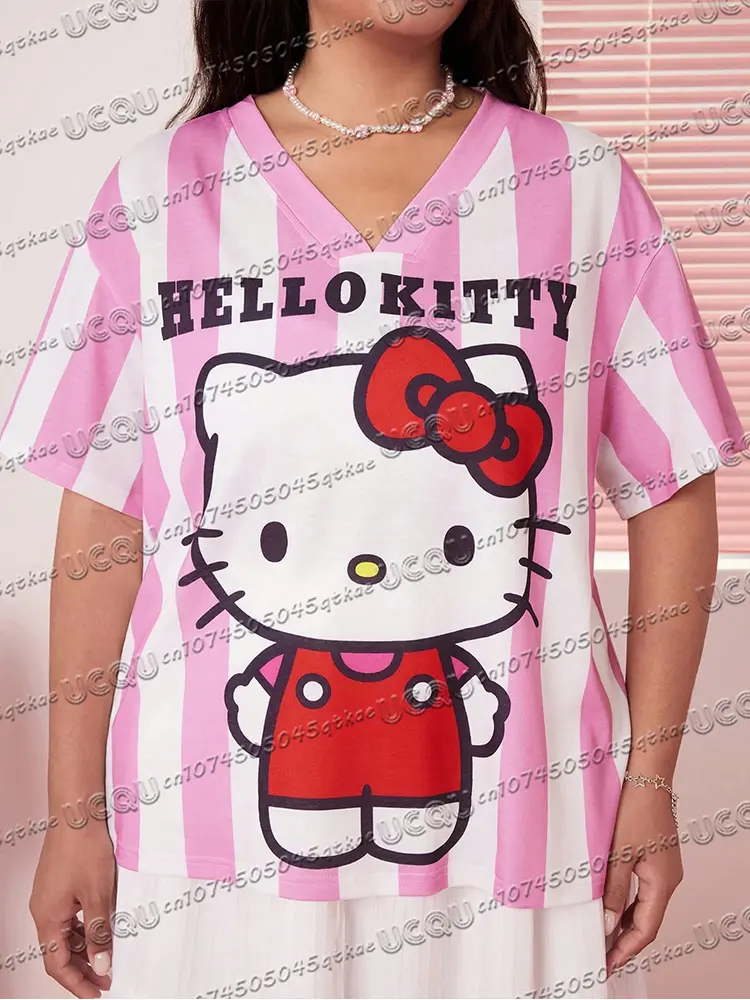 Summer Pink Striped Hello Kitty Printed Football Shirt T-Shirt Cute Sweet Girl Style Tee Fashion Streetwear Casual Women'S Top