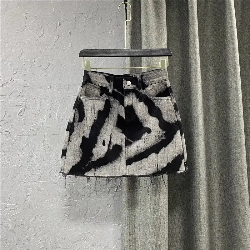 Korean Style High Waist A- Line Mini Skirt Spring Summer Slimming Patterned Denim Skirt Frayed Hemline Trendy Women's Shorts