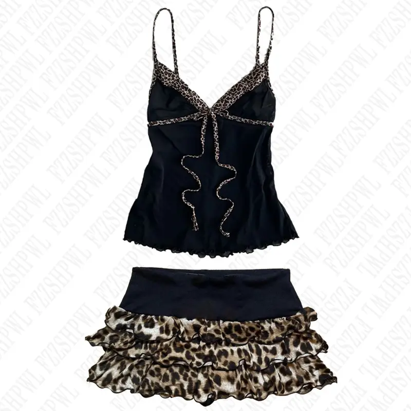 Women Y2K Sling Camis Leopard print Spicy Girls Grunge Goth Hip Hop Casual Vintage Mini Skirt Sleeveless Crop Top Slim Sexy Punk