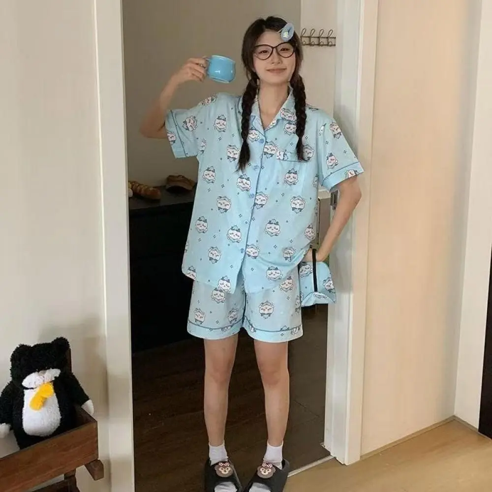 Cute Summer Pajamas Women Chiikawa Usagi Pajamas Suit Kawaii Hachiware Shorts Shorts Pants Set Cartoon Girls Home Clothes