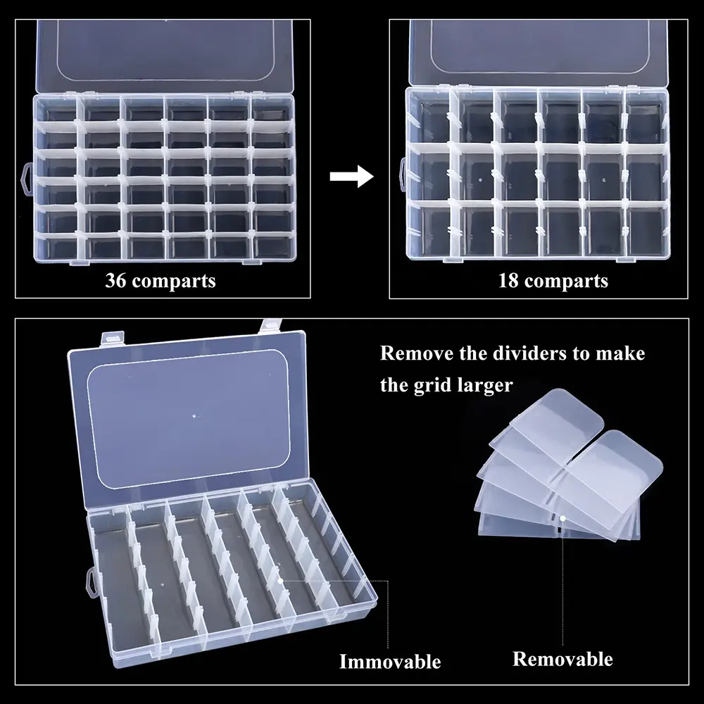 24/36 Grids Plastic Organizer Box Craft Organizer Storage with Adjustable Dividers Bead Box Fishing Tackles Box Jewelry Box
