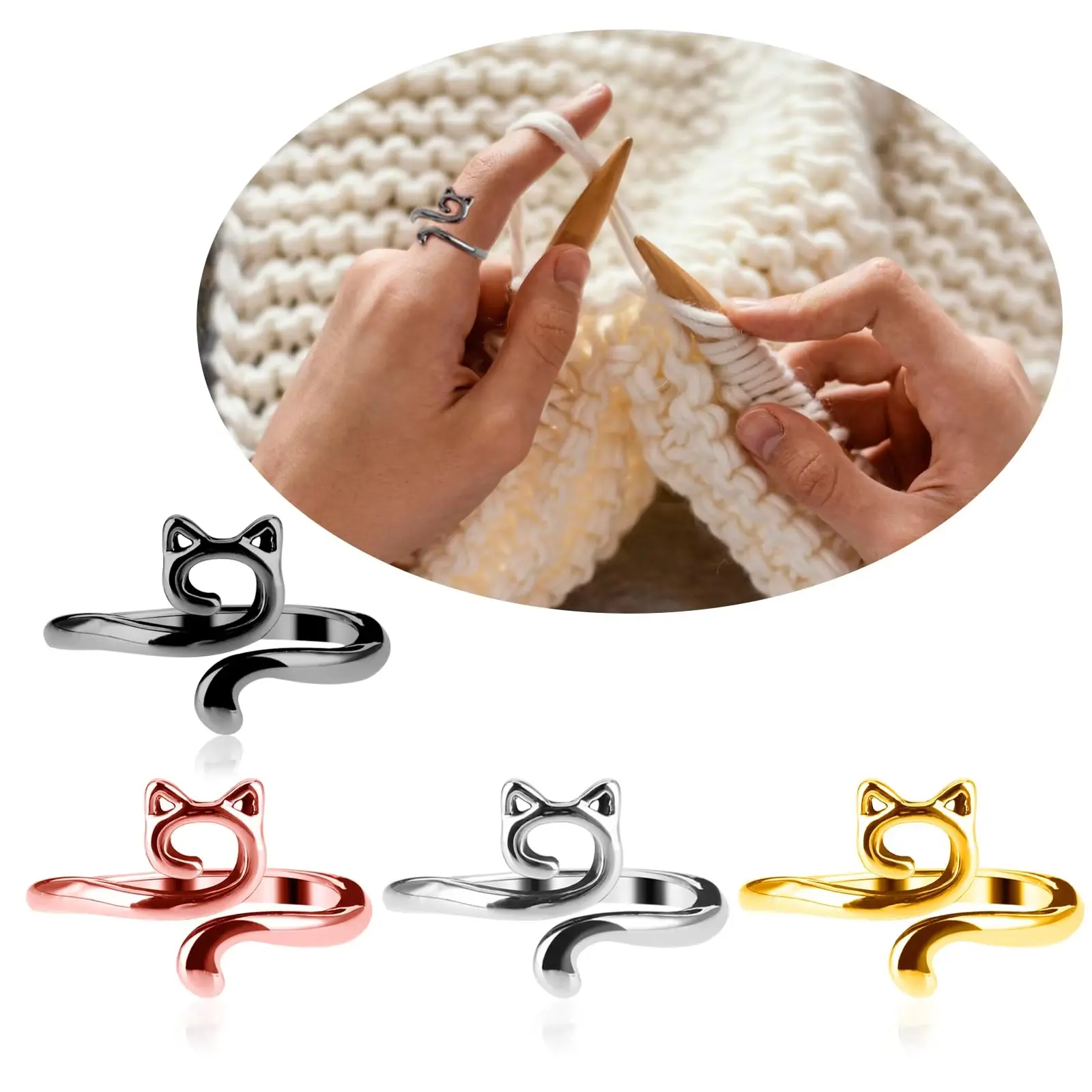 1Pc Adjustable Size Yarn Ring Cat Ears Crochet Ring Beginner Knitting Crocheting Loop Guide Finger Holders Thimbles Winder Tools